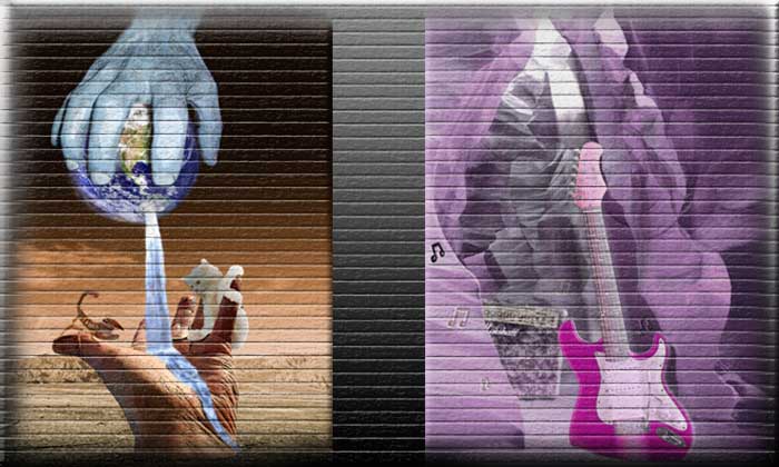 deux illustrations faites sur illustrator, main en cascade et guitare canyon